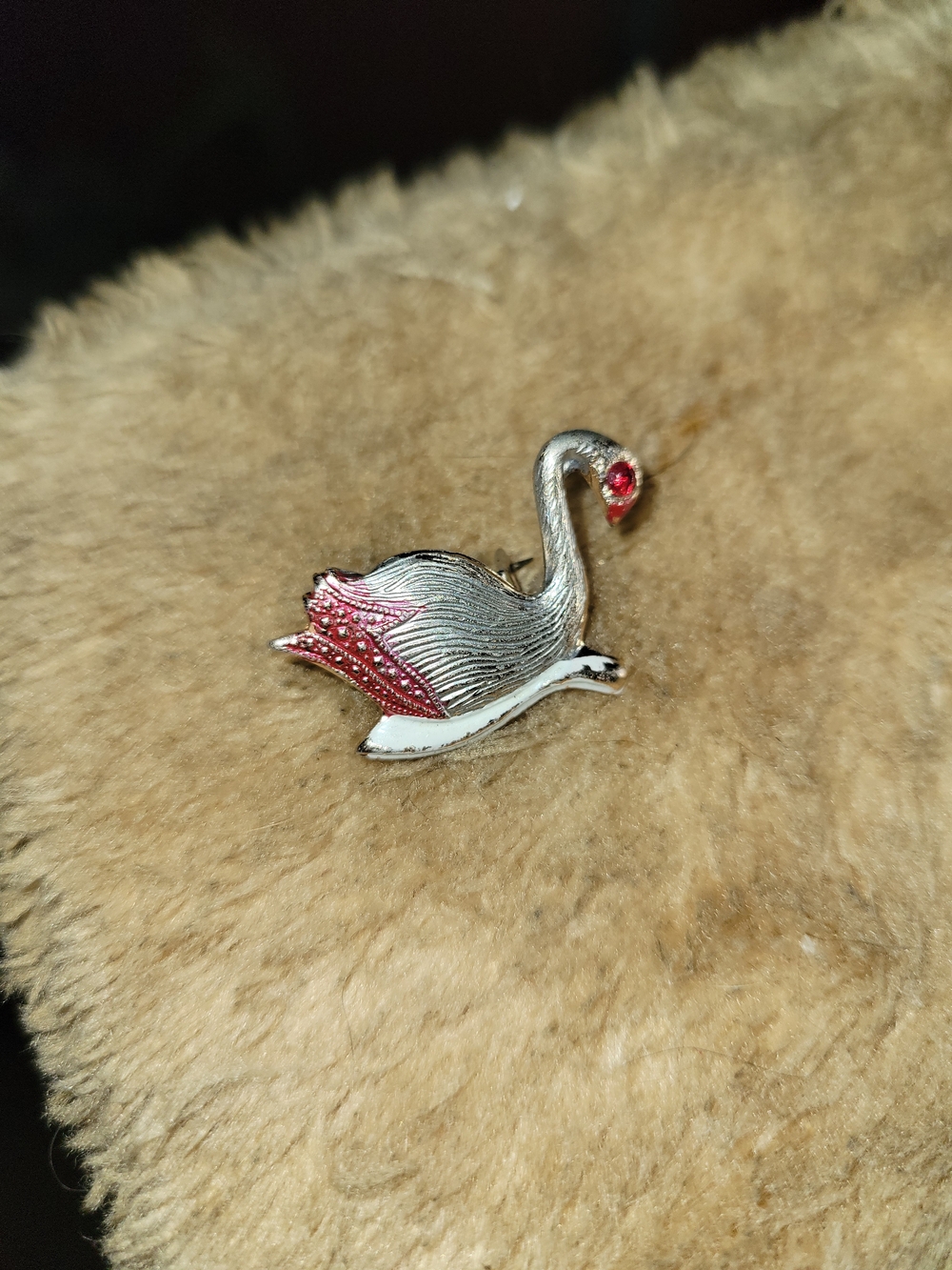 Vintage Pewter Swan Brooch with Red Swavoorski crystal Eye -